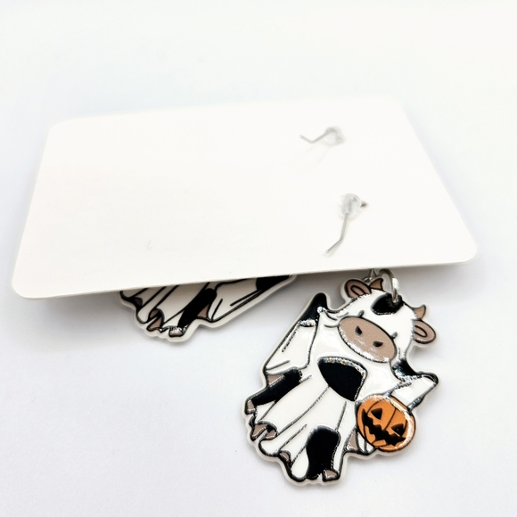 Halloween Spotted Cow Ghost Costume Jack O'Lantern Trick Treat Acrylic Earrings - Picture 2 of 2